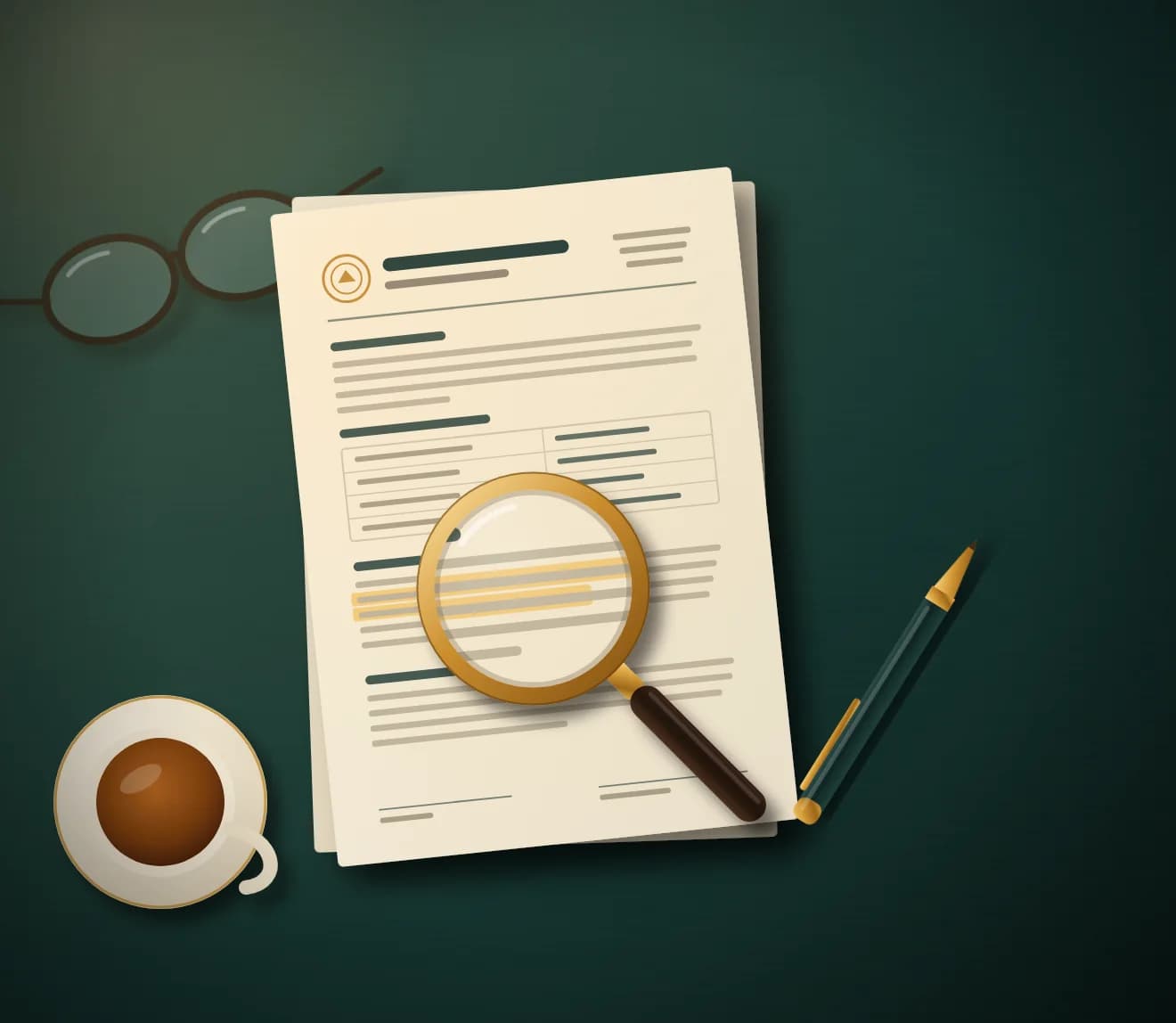 A policy document on a desk, one clause highlighted under a magnifying glass, a pen beside the unsigned signature line